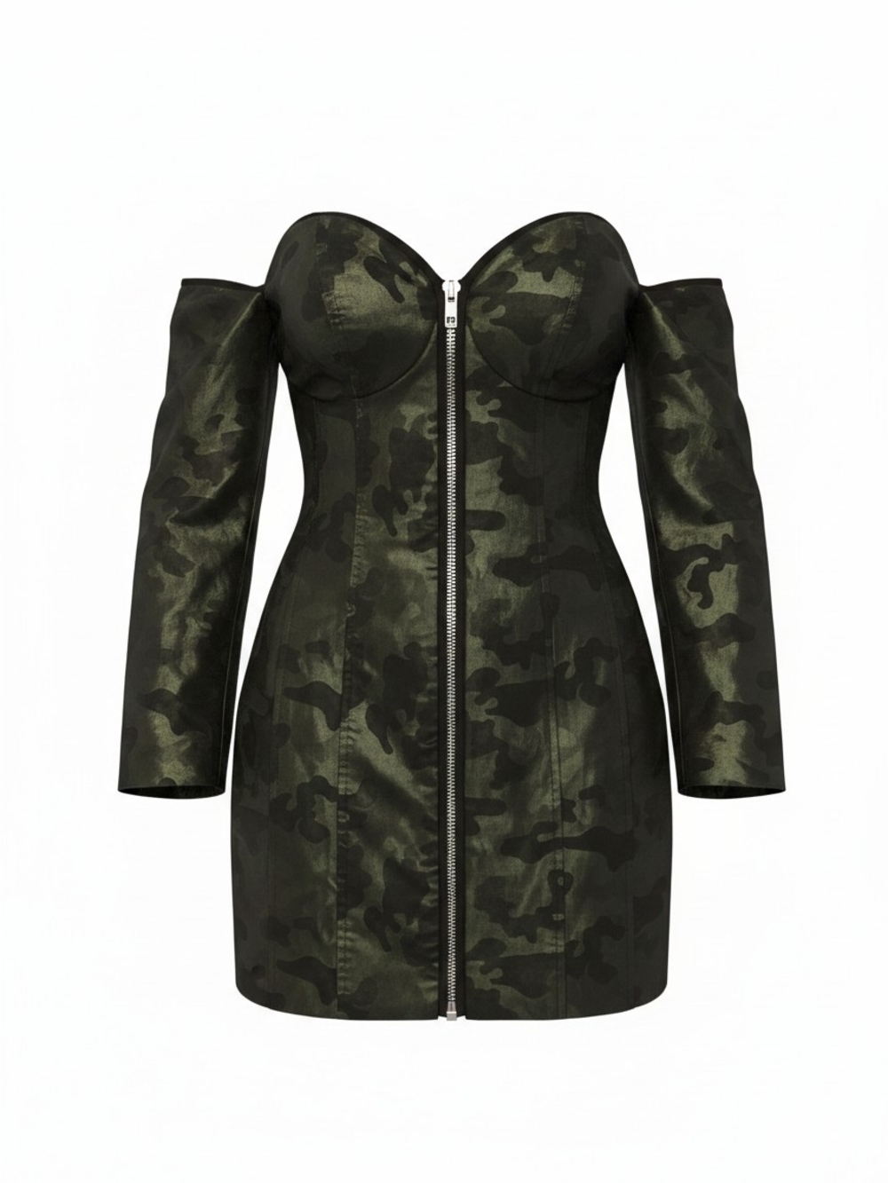 ASOS Off-Shoulder Camouflage Zip-Front Mini Dress - Dark Green